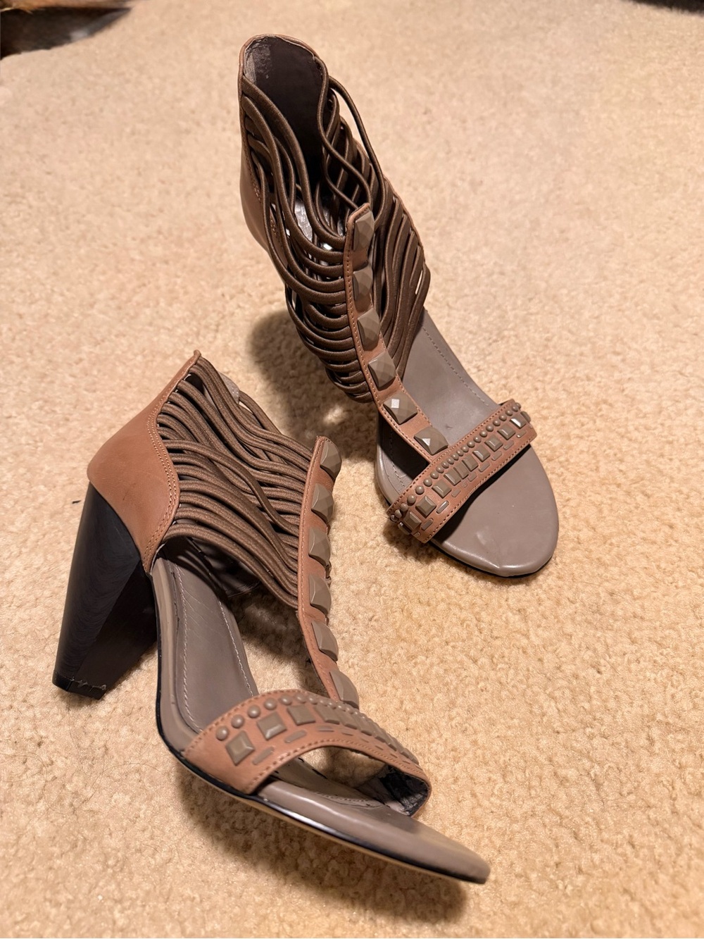 Vince Camuto Taupe and Brown Strappy Block Heel Sandals